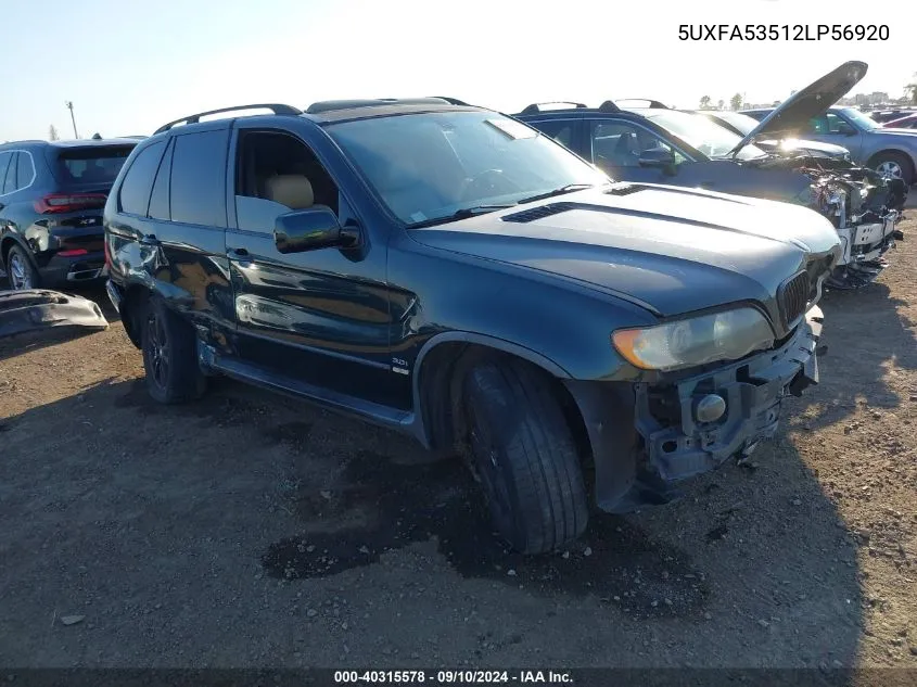 2002 BMW X5 3.0I VIN: 5UXFA53512LP56920 Lot: 40315578