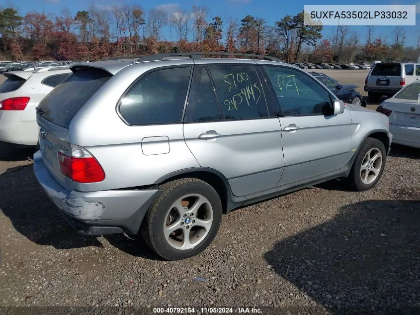 2002 BMW X5 3.0I VIN: 5UXFA53502LP33032 Lot: 40792154