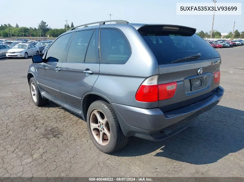 2003 BMW X5 3.0I VIN: 5UXFA535X3LV93699 Lot: 40046522