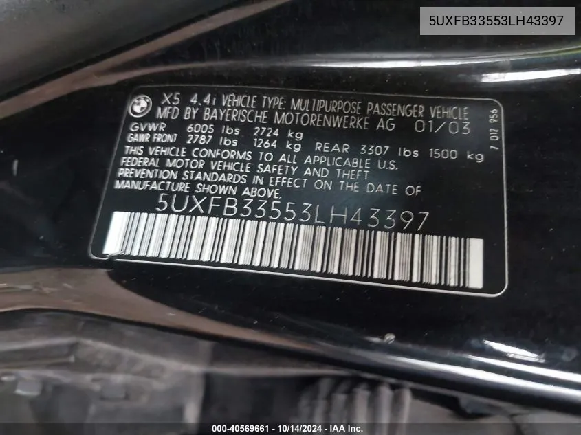 5UXFB33553LH43397 2003 BMW X5 4.4I