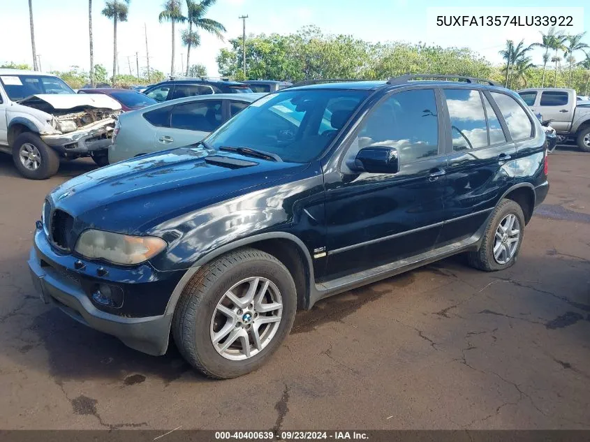 2004 BMW X5 3.0I VIN: 5UXFA13574LU33922 Lot: 40400639