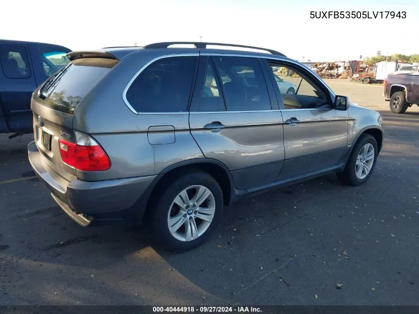 2005 BMW X5 4.4I VIN: 5UXFB53505LV17943 Lot: 40444918