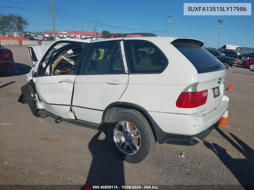 2005 BMW X5 3.0I VIN: 5UXFA13515LY17986 Lot: 40509115