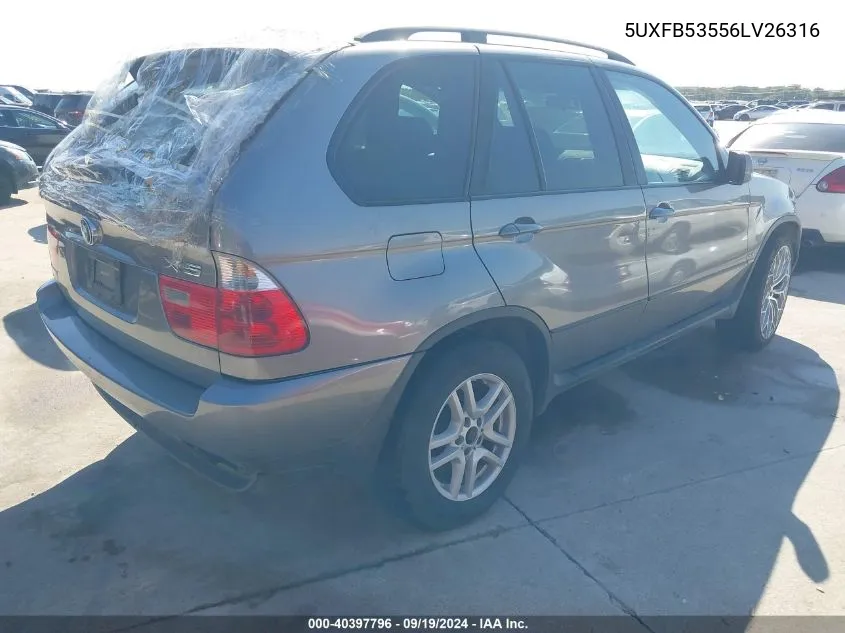 2006 BMW X5 4.4I VIN: 5UXFB53556LV26316 Lot: 40397796