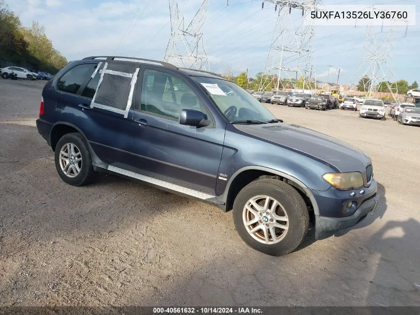 2006 BMW X5 3.0I VIN: 5UXFA13526LY36760 Lot: 40561632