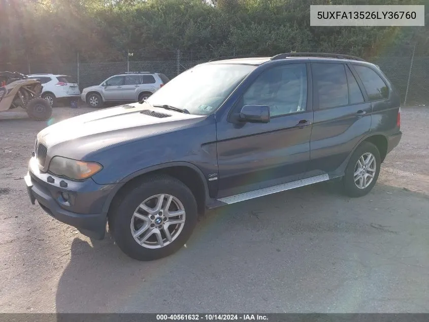 2006 BMW X5 3.0I VIN: 5UXFA13526LY36760 Lot: 40561632