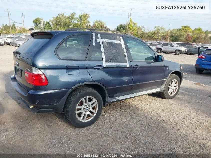 2006 BMW X5 3.0I VIN: 5UXFA13526LY36760 Lot: 40561632