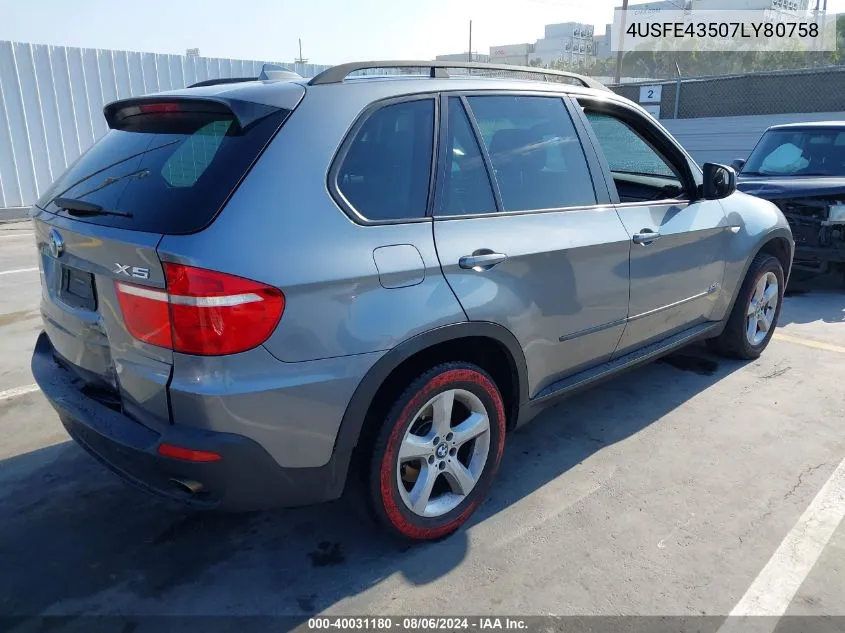 2007 BMW X5 3.0Si VIN: 4USFE43507LY80758 Lot: 40031180