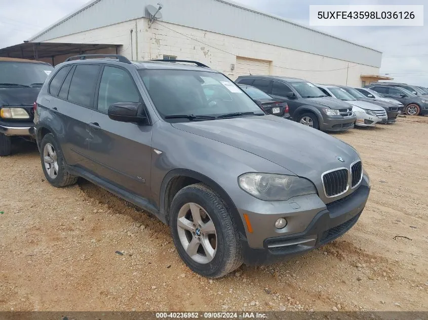 2008 BMW X5 3.0Si VIN: 5UXFE43598L036126 Lot: 40236952