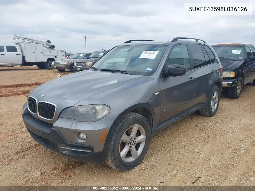 2008 BMW X5 3.0Si VIN: 5UXFE43598L036126 Lot: 40236952