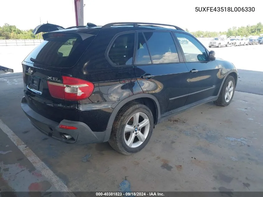 2008 BMW X5 3.0I VIN: 5UXFE43518L006330 Lot: 40381823