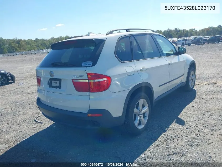 2008 BMW X5 3.0I VIN: 5UXFE43528L023170 Lot: 40540472