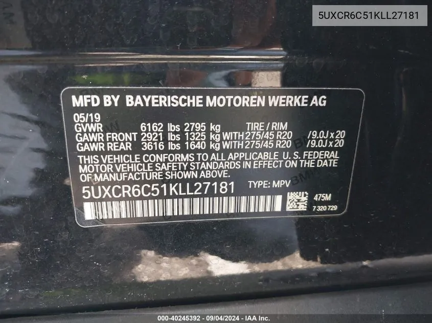 5UXCR6C51KLL27181 2019 BMW X5 xDrive40I