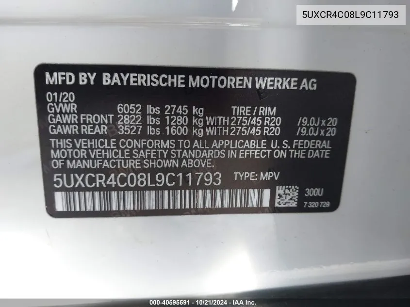 2020 BMW X5 Sdrive40I VIN: 5UXCR4C08L9C11793 Lot: 40595591