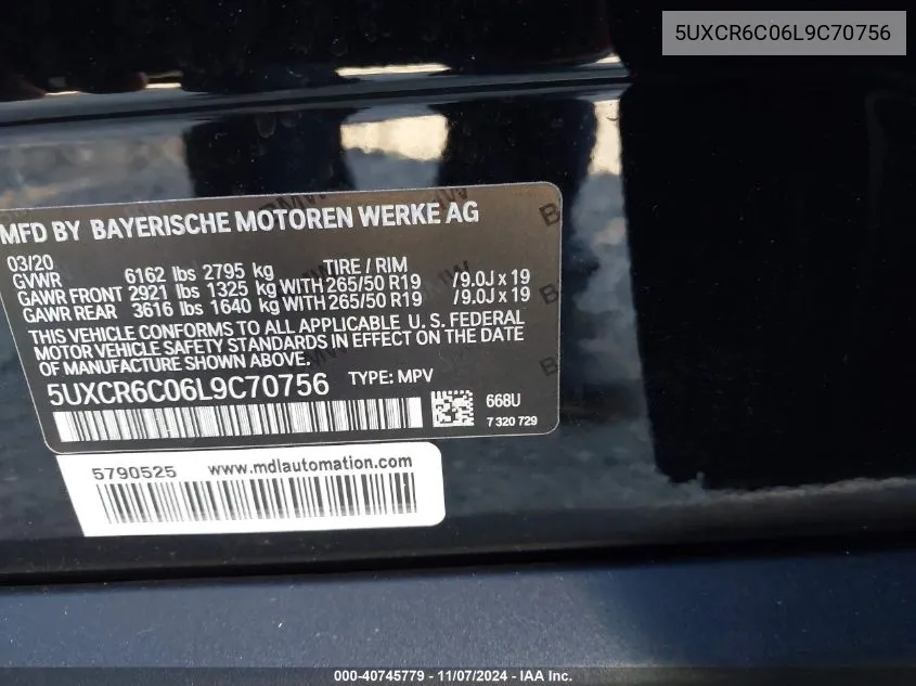 2020 BMW X5 xDrive40I VIN: 5UXCR6C06L9C70756 Lot: 40745779