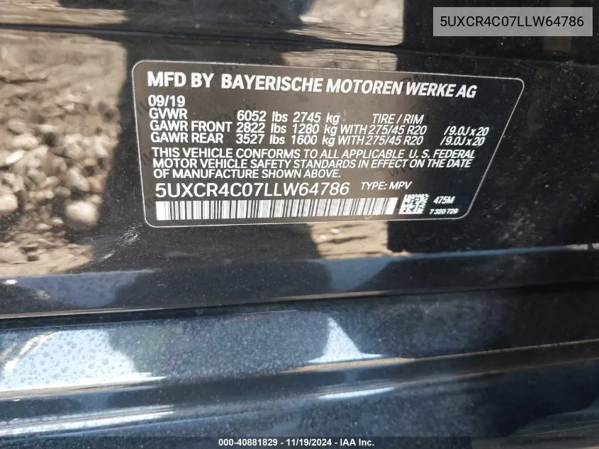 2020 BMW X5 Sdrive40I VIN: 5UXCR4C07LLW64786 Lot: 40881829