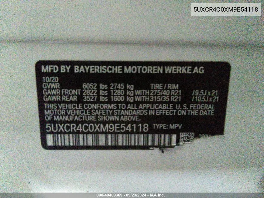 2021 BMW X5 VIN: 5UXCR4C0XM9E54118 Lot: 40409369