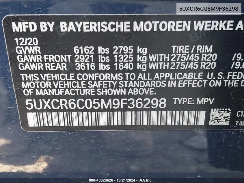 2021 BMW X5 xDrive40I VIN: 5UXCR6C05M9F36298 Lot: 40628626