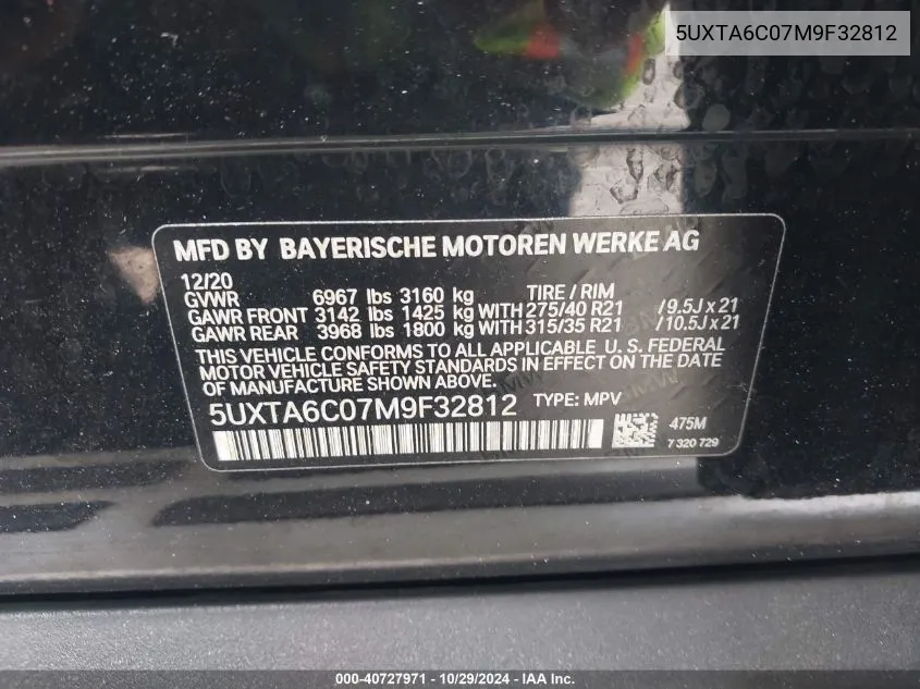 2021 BMW X5 Phev xDrive45E VIN: 5UXTA6C07M9F32812 Lot: 40727971