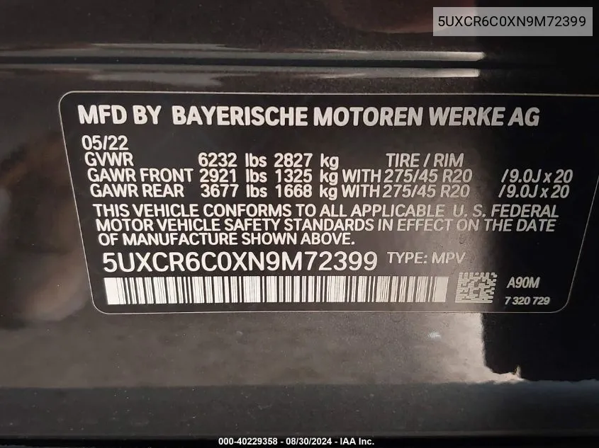 5UXCR6C0XN9M72399 2022 BMW X5 xDrive40I