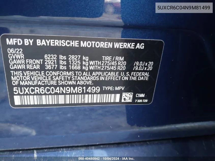 2022 BMW X5 xDrive40I VIN: 5UXCR6C04N9M81499 Lot: 40480842