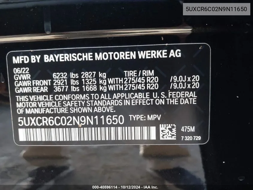 2022 BMW X5 xDrive40I VIN: 5UXCR6C02N9N11650 Lot: 40596114