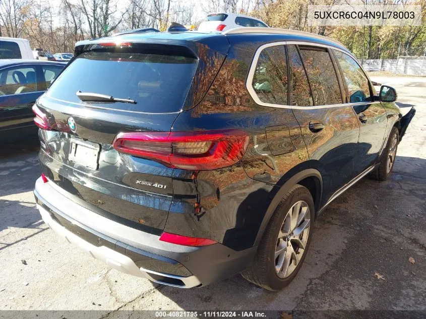 2022 BMW X5 xDrive40I VIN: 5UXCR6C04N9L78003 Lot: 40821795