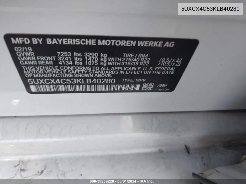 5UXCX4C53KLB40280 2019 BMW X7 xDrive50I