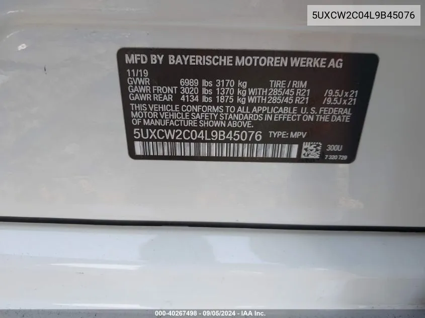 2020 BMW X7 xDrive40I VIN: 5UXCW2C04L9B45076 Lot: 40267498