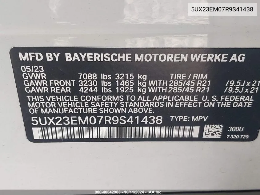 2024 BMW X7 xDrive40I VIN: 5UX23EM07R9S41438 Lot: 40542983