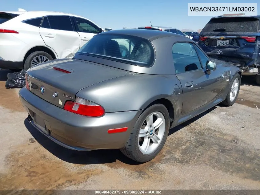 2001 BMW Z3 2.5I VIN: WBACN33471LM03002 Lot: 40452379