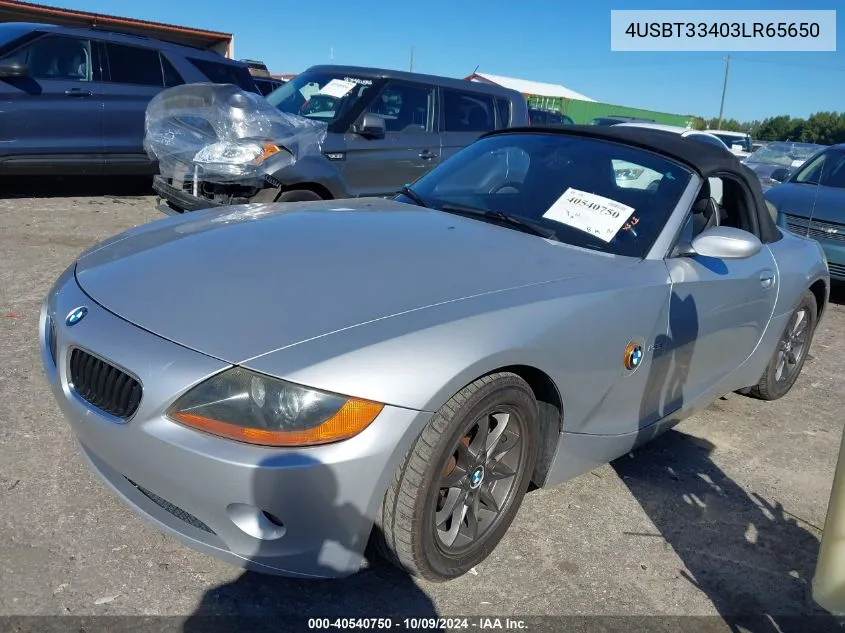 2003 BMW Z4 2.5I VIN: 4USBT33403LR65650 Lot: 40540750