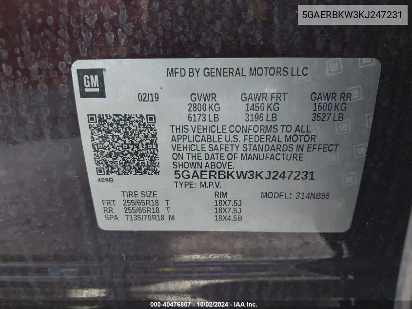 5GAERBKW3KJ247231 2019 Buick Enclave Fwd Essence