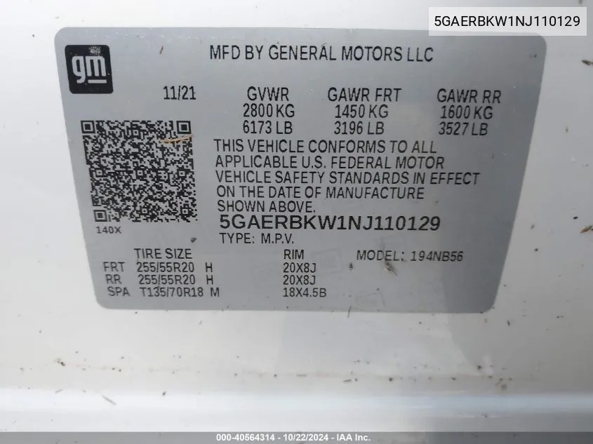 2022 Buick Enclave Fwd Essence VIN: 5GAERBKW1NJ110129 Lot: 40564314