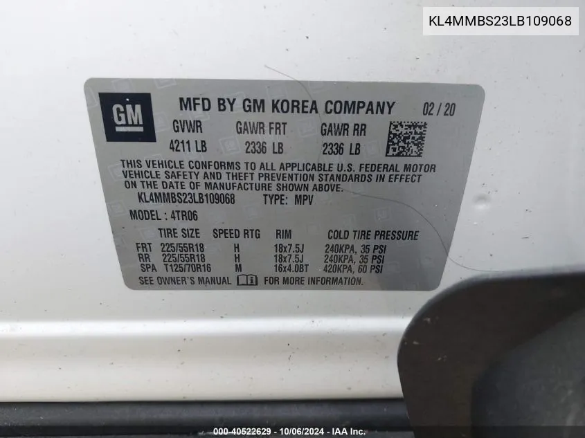 KL4MMBS23LB109068 2020 Buick Encore Gx Preferred