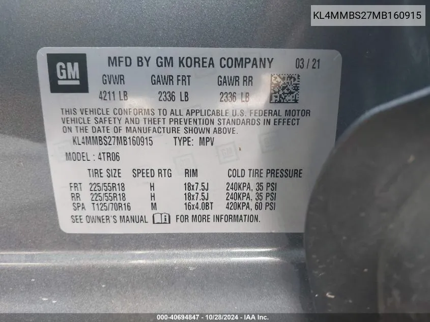 2021 Buick Encore Gx Fwd Preferred VIN: KL4MMBS27MB160915 Lot: 40694847