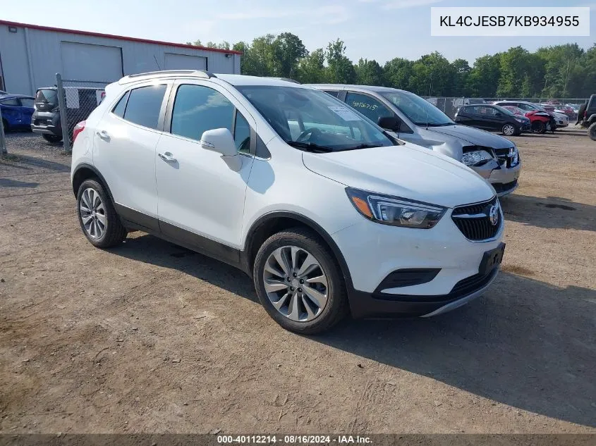 2019 Buick Encore Awd Preferred VIN: KL4CJESB7KB934955 Lot: 40112214