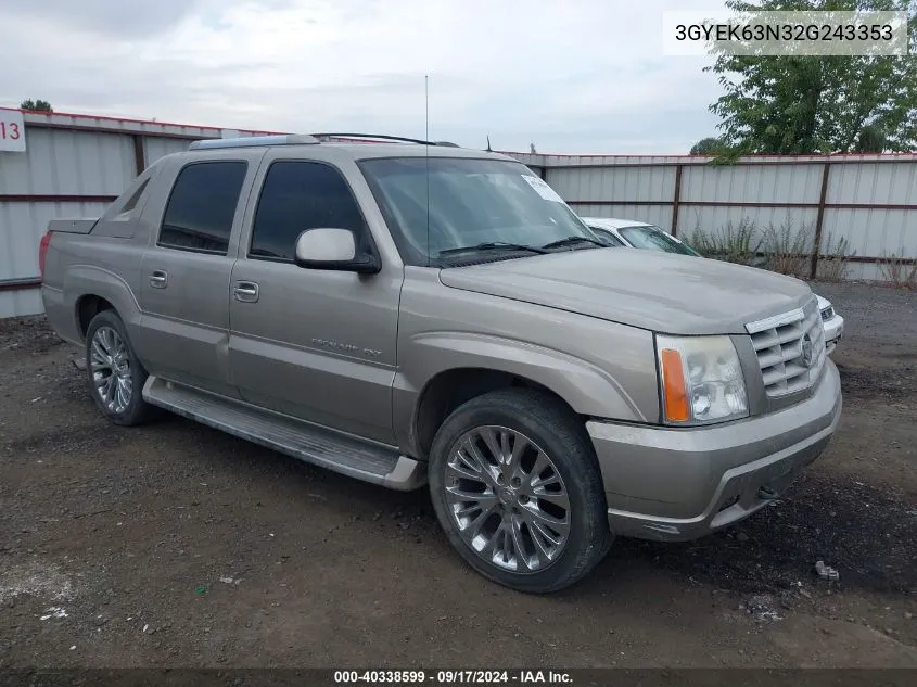 2002 Cadillac Escalade Ext Standard VIN: 3GYEK63N32G243353 Lot: 40338599