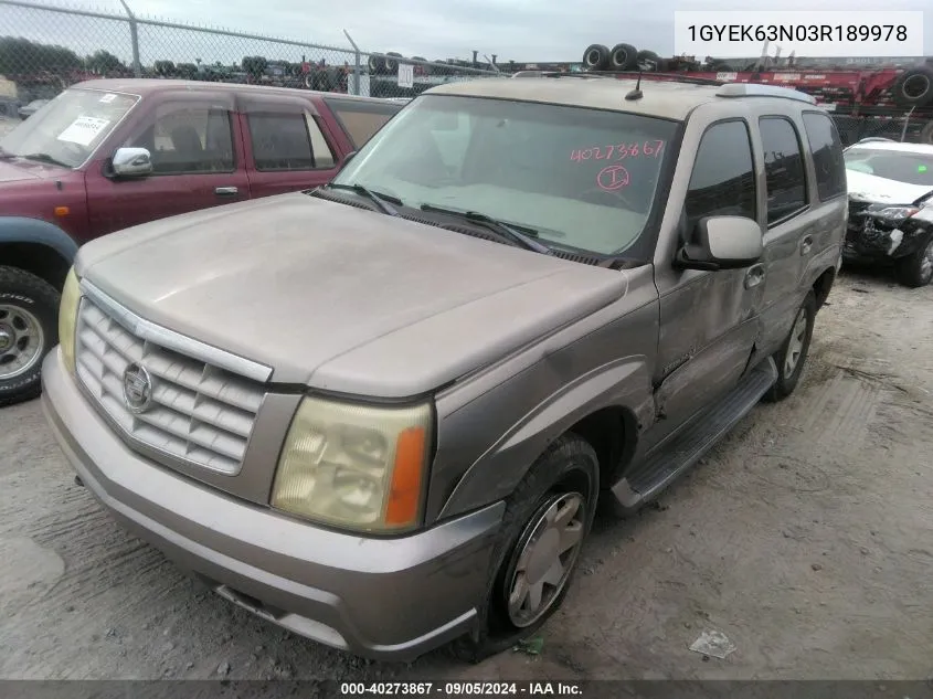 2003 Cadillac Escalade Standard VIN: 1GYEK63N03R189978 Lot: 40273867