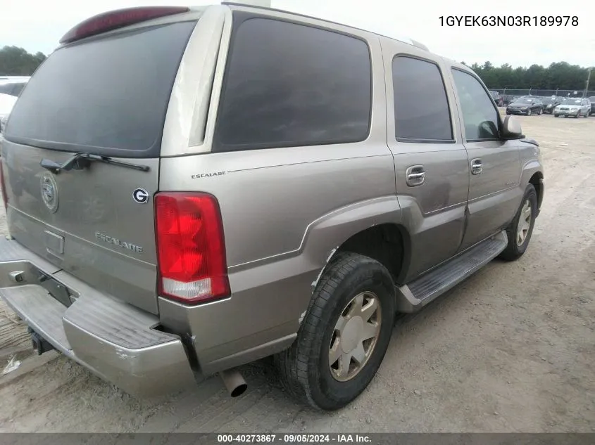 2003 Cadillac Escalade Standard VIN: 1GYEK63N03R189978 Lot: 40273867