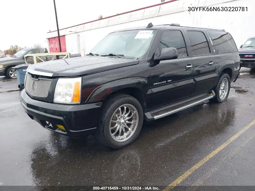 2003 Cadillac Escalade Esv Standard VIN: 3GYFK66N63G220781 Lot: 40715459