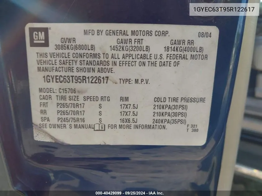 1GYEC63T95R122617 2005 Cadillac Escalade Standard