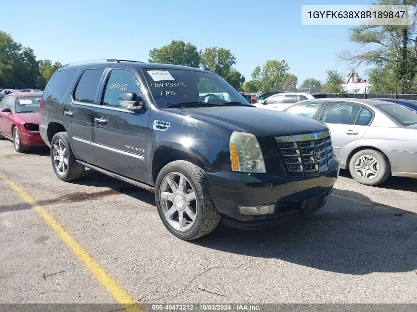 2008 Cadillac Escalade Standard VIN: 1GYFK638X8R189847 Lot: 40473212