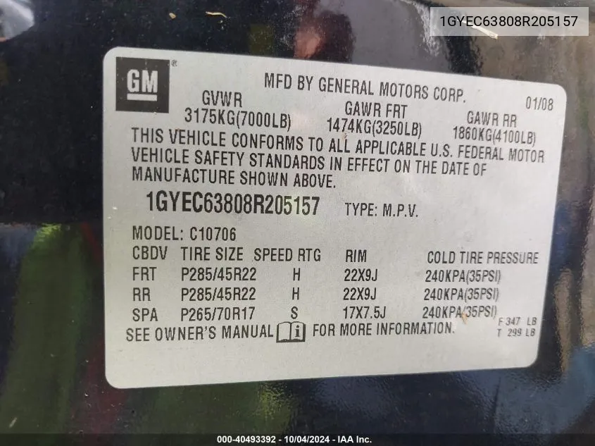 1GYEC63808R205157 2008 Cadillac Escalade Standard