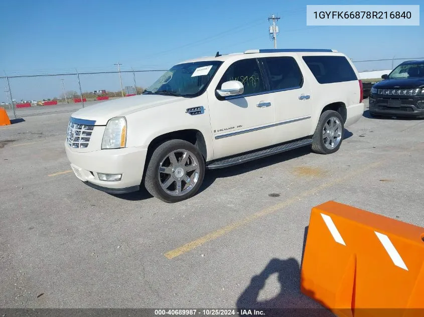 2008 Cadillac Escalade Esv Standard VIN: 1GYFK66878R216840 Lot: 40689987