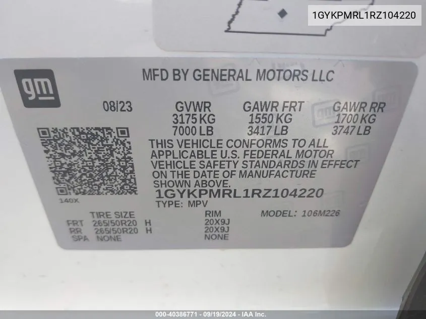 1GYKPMRL1RZ104220 2024 Cadillac Lyriq Tech W/1Sa