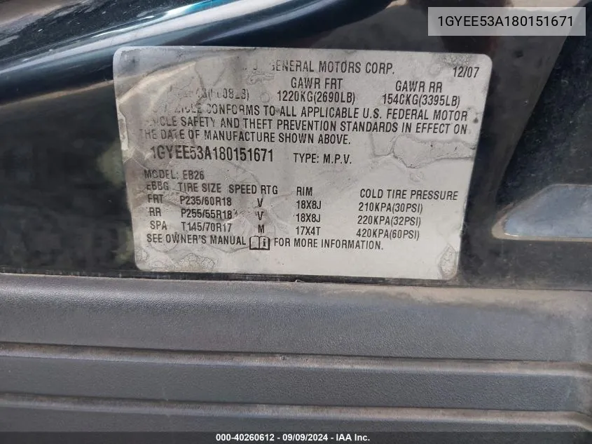 1GYEE53A180151671 2008 Cadillac Srx V8