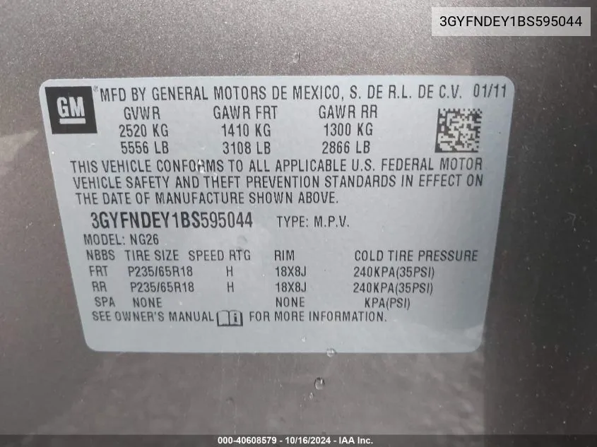 3GYFNDEY1BS595044 2011 Cadillac Srx Luxury Collection