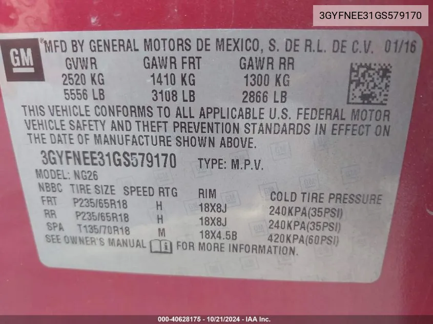 3GYFNEE31GS579170 2016 Cadillac Srx Luxury Collection