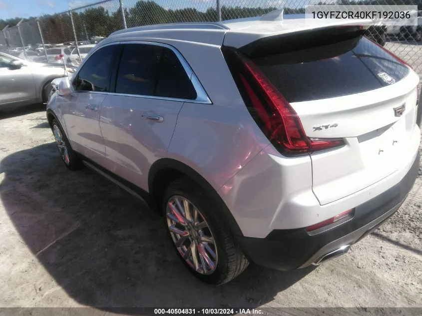 2019 Cadillac Xt4 Fwd Premium Luxury VIN: 1GYFZCR40KF192036 Lot: 40504831